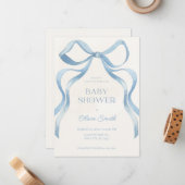 Blue Bow Minimalist Baby Shower Invitation Mitteilungskarte (Vorderseite/Rückseite Beispiel)