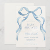 Blue Bow Minimalist Baby Shower Invitation Mitteilungskarte (Vorne/Hinten)