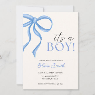 Blue Bow Minimalist Baby Shower Invitation Mitteilungskarte