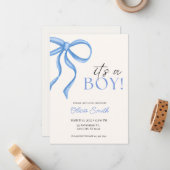 Blue Bow Minimalist Baby Shower Invitation Mitteilungskarte (Vorderseite/Rückseite Beispiel)