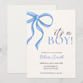 Blue Bow Minimalist Baby Shower Invitation Mitteilungskarte (Vorne/Hinten)