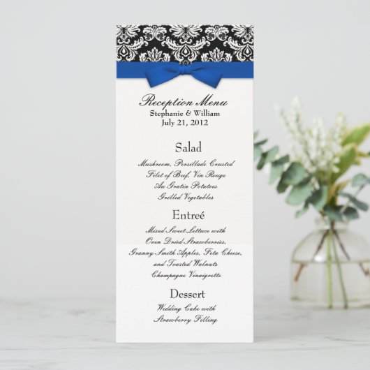 Blue Bow mit Damask Wedding Empfang Menu Einladung (Stehend Vorderseite)