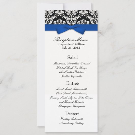 Blue Bow mit Damask Wedding Empfang Menu Einladung (Vorderseite)