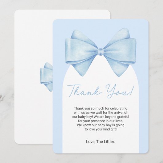 Blue Bow Modern Baby Dusche Danke Karte (Vorne/Hinten)