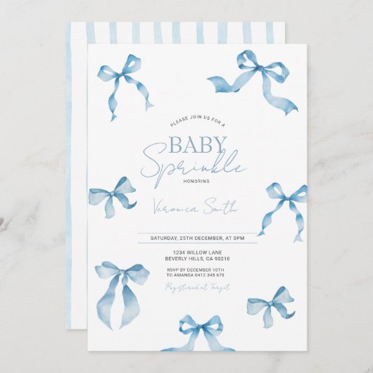Blue Bow Modern Baby Sprinkle Einladung (Vorne/Hinten)