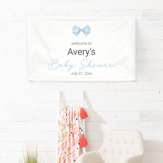 Blue Bow Modern Boy Baby Dusche Banner (Insitu)