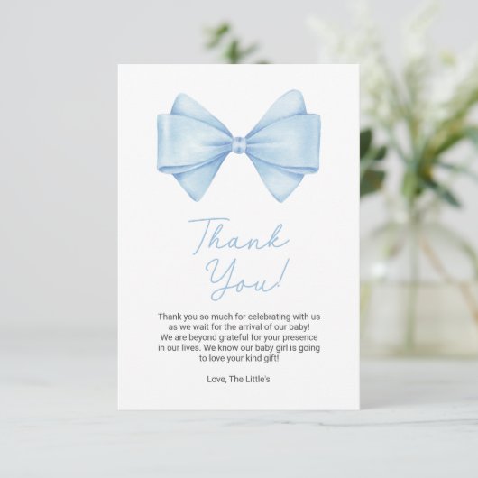Blue Bow Modern Boy Baby Dusche Dankeskarte (Stehend Vorderseite)