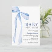 Blue Bow Modern Boy Baby Dusche Einladung (Stehend Vorderseite)