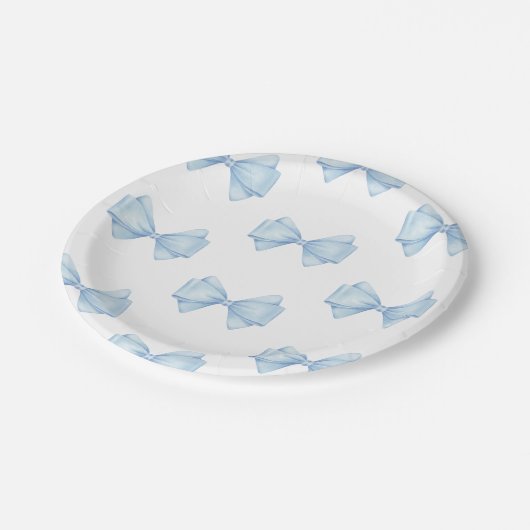Blue Bow Modern Boy Baby Dusche Pappteller (Schrägansicht)