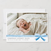 Blue Bow Modern Minimalist Script Baby Photo Birth Dankeskarte (Vorderseite)
