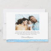 Blue Bow Modern Minimalist Script Baby Photo Birth Dankeskarte (Rückseite)