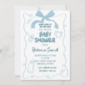 Blue Bow Moderne Illustriert Boy Baby Dusche Einladung (Vorderseite)