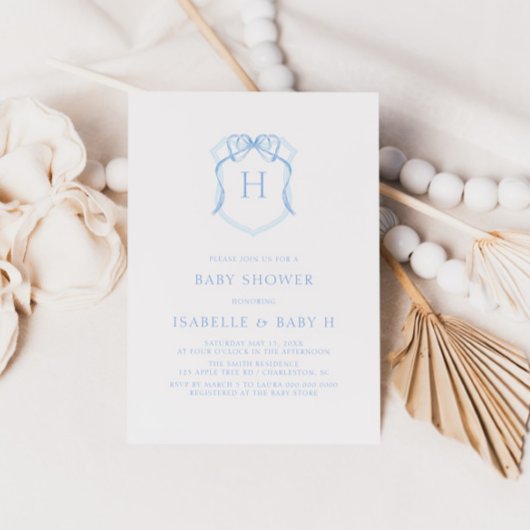 Blue Bow Monogram Wappen Baby Dusche Einladung