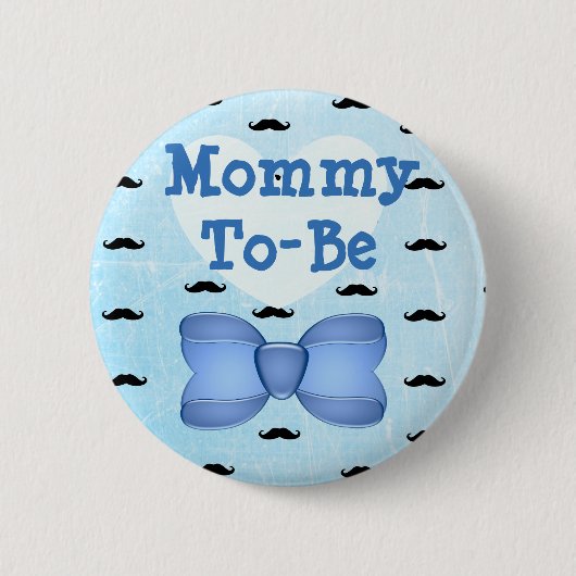 Blue Bow & Mustache Mommy wird Baby Showknopf Button (Vorderseite)