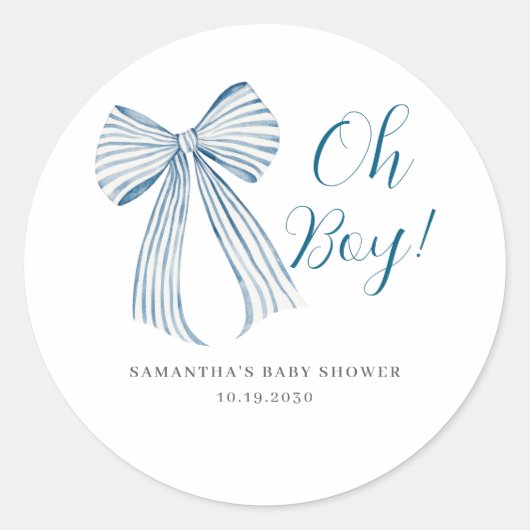Blue Bow Oh Boy Baby Dusche Runder Aufkleber (Vorderseite)