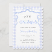 Blue Bow Onederful Boy 1. Geburtstag Einladung (Vorderseite)