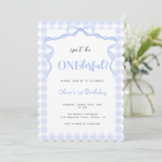 Blue Bow Onederful Boy 1. Geburtstag Einladung