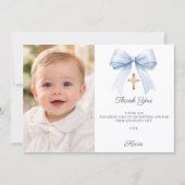 Blue bow photo boy gold cross Baptism Dankeskarte (Vorderseite)