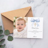 Blue bow photo boy gold cross Baptism Dankeskarte