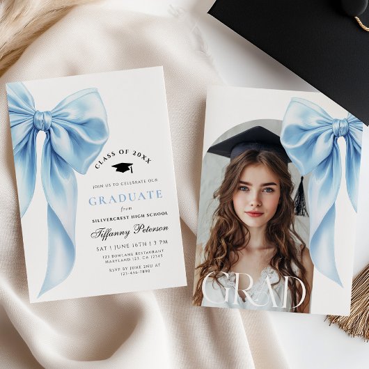 Blue Bow Photo Graduation Invitation Einladung