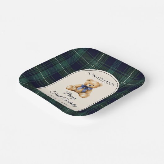 Blue Bow Preppy Teddy Bear 1st Birthday Pappteller (Gewinkelt)