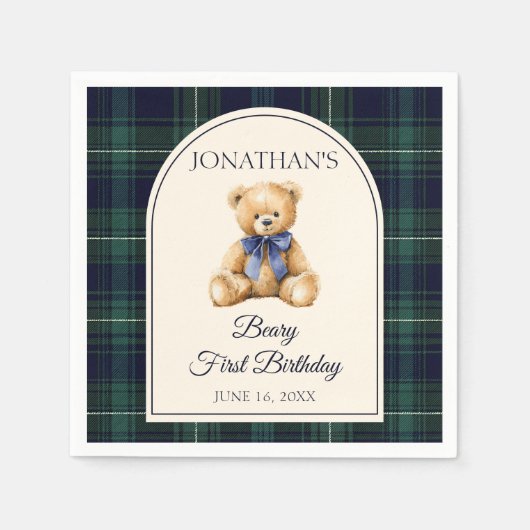Blue Bow Preppy Teddy Bear 1st Birthday Serviette (Vorderseite)