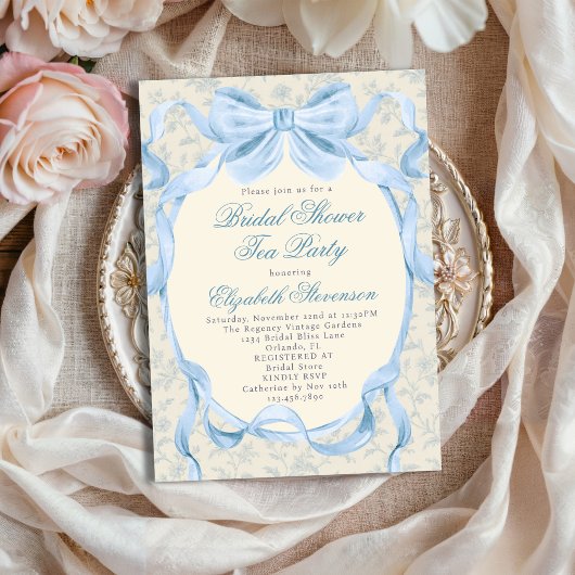 Blue Bow Regency Garden Tea Party Bridal Shower  Einladung