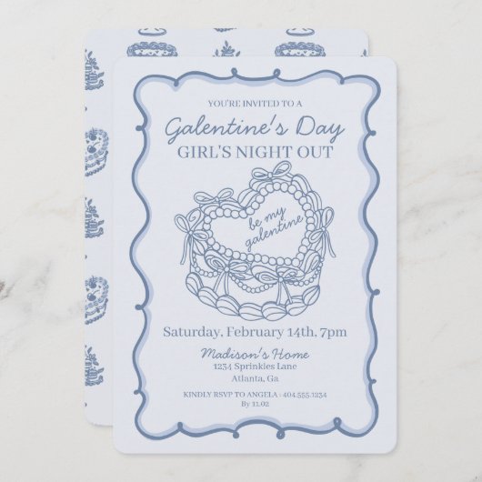 Blue Bow Retro Herz Coquette Cake Galentine Einladung (Vorne/Hinten)