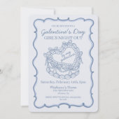 Blue Bow Retro Herz Coquette Cake Galentine Einladung (Vorderseite)