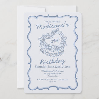 Blue Bow Retro Herz Coquette Kuchen 21. Geburtstag Einladung