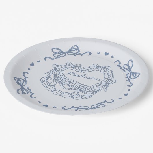 Blue Bow Retro Herz Coquette Personalisierter Kuch Pappteller (Schrägansicht)