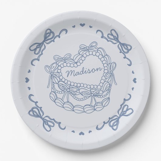 Blue Bow Retro Herz Coquette Personalisierter Kuch Pappteller (Vorderseite)