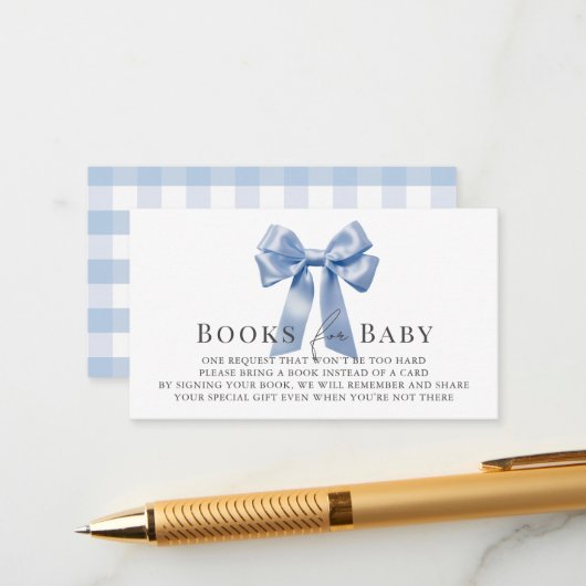Blue Bow Ribbon Boy Babydusche Buchanfrage Begleitkarte (Vorderseite/Rückseite Beispiel)