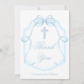 Blue Bow Ribbon Christlich Cross Personalisiert Dankeskarte (Vorderseite)