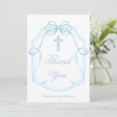 Blue Bow Ribbon Christlich Cross Personalisiert Dankeskarte (Stehend Vorderseite)
