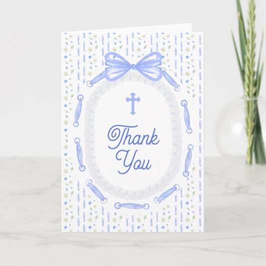 Blue Bow Ribbon Frame Floral Religious Thank You Karte (Vorderseite)