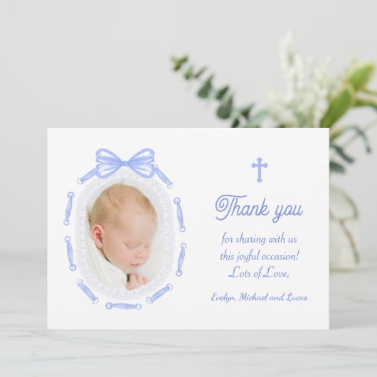 Blue Bow Ribbon Frame Taufe Danke Karte (Stehend Vorderseite)