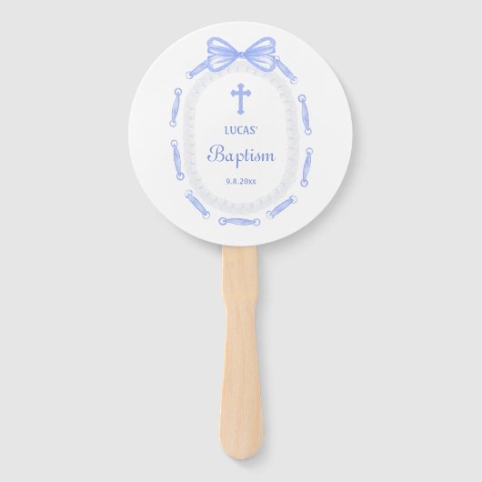 Blue Bow Ribbon Frame Taufe Fächer (Rückseite)