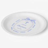 Blue Bow Ribbon Frame Taufe Pappteller (Schrägansicht)