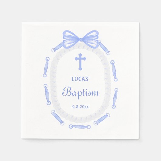 Blue Bow Ribbon Frame Taufe Serviette (Vorderseite)