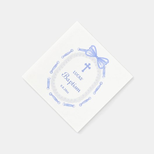 Blue Bow Ribbon Frame Taufe Serviette (Ecke)