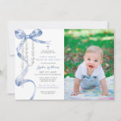 Blue Bow & Rosary Foto Erste Heilige Kommune Einladung (Vorderseite)