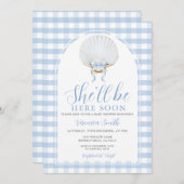 Blue Bow She'll Be Here Soon Sea Shell Baby Shower Einladung (Vorne/Hinten)