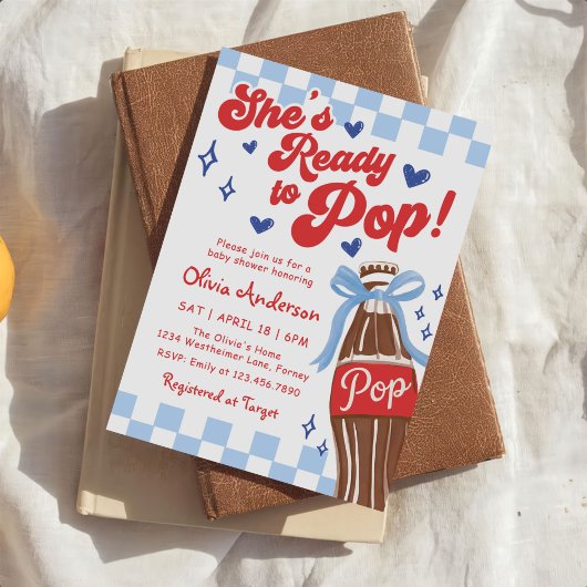 Blue Bow She's Ready to Pop Baby Shower Einladung