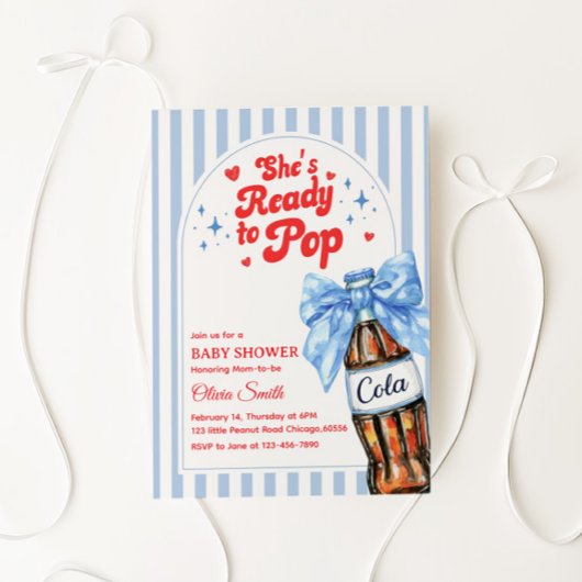 Blue Bow She's Ready to Pop Baby Shower Invitation Einladung