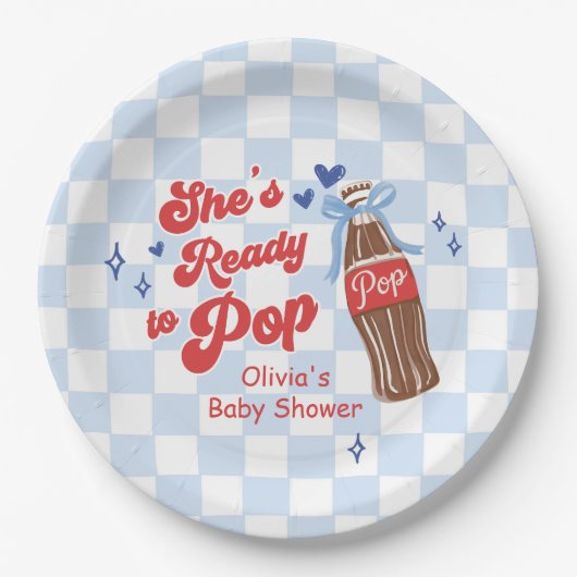 Blue Bow She's Ready to Pop Baby Shower Pappteller (Vorderseite)