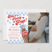 Blue Bow She's Ready to Pop Baby Shower Photo Einladung (Vorderseite)