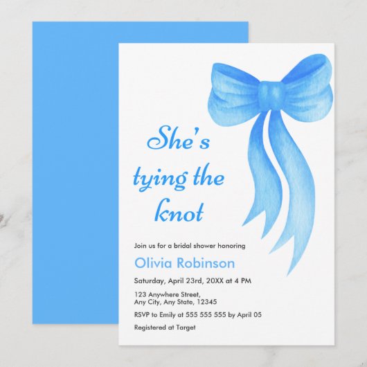 Blue Bow She's Tying the Knot Bridal Shower  Einladung (Vorne/Hinten)