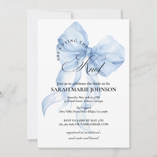 Blue Bow She's tying the knot Bridal Shower Einladung (Vorderseite)