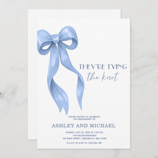 Blue Bow Sie binden die Knot Engagement Party Einladung (Vorne/Hinten)
